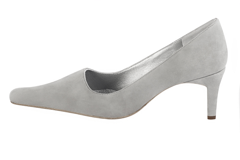 Pearl grey women's dress pumps,with a square neckline. Pointed toe. Medium comma heels. Profile view - Florence KOOIJMAN